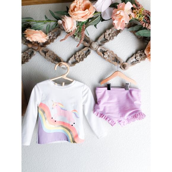 ⋒ Darling Pastel Rainbow Unicorn Rash Guard Boyshorts Swimsuit - Picture 2 of 3
